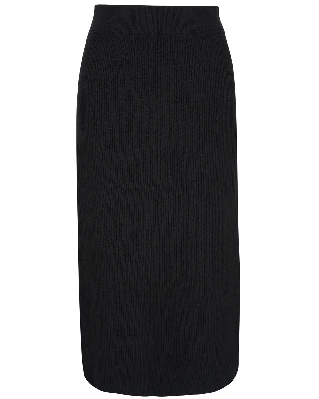 Black Ribbed Cashmere Midi Skirt