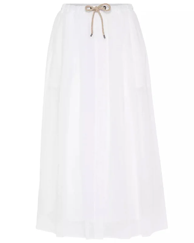 White Gauze Drawstring Midi Skirt