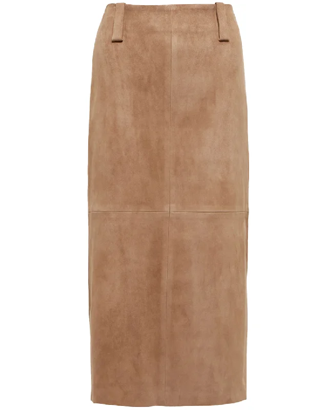 Tan Suede Split Front Midi Skirt