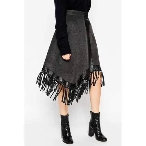 Stylish Fringed Wrap Premium Women's Midi Skirt - Deep Gray L