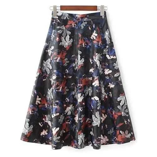 Printed Faux Leather Midi Skirt - L