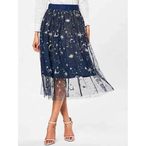 High Waist Starry Star Print Midi Skirt - Deep Blue M