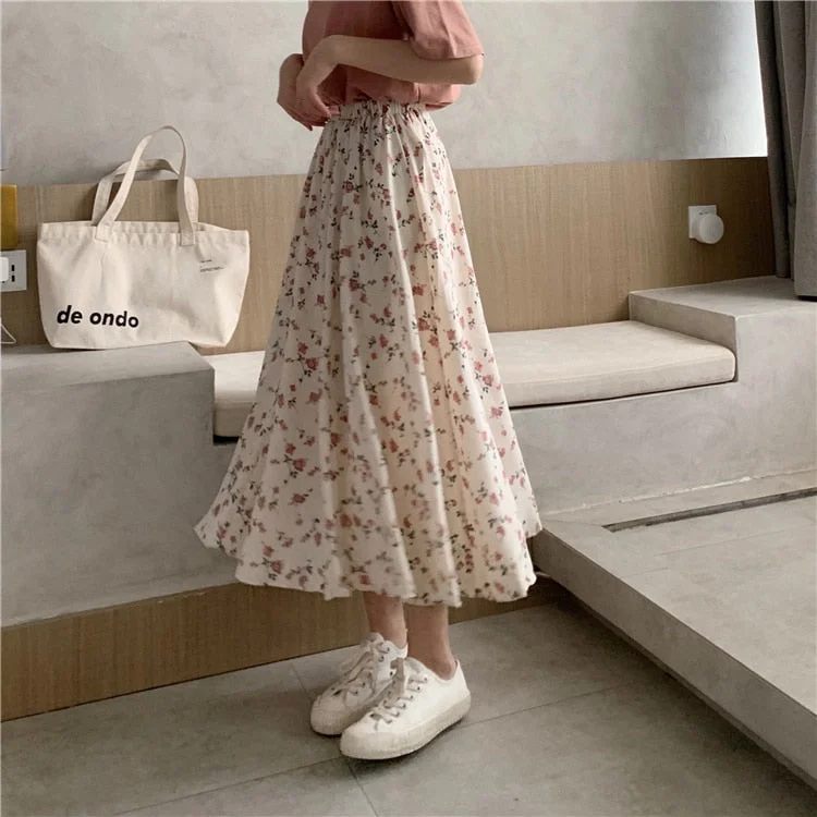 Vintage Floral Print A-line Pleated Long Skirts Streetwear Drawstring Elastic Waist Midi Skirt