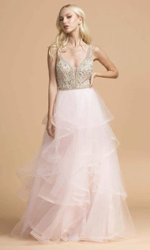 Aspeed Design - L2162 Beaded V-Neck Tiered Tulle Dress