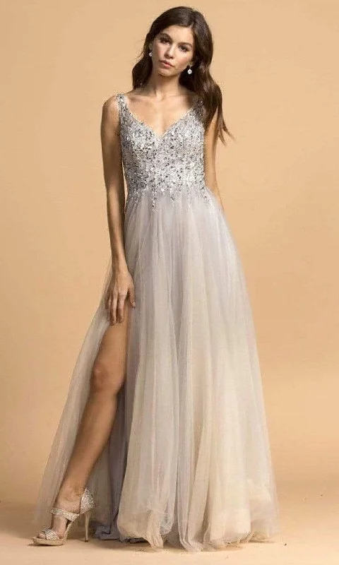 Aspeed Design - L2201 Beaded V-Neck Tulle High Slit Dress