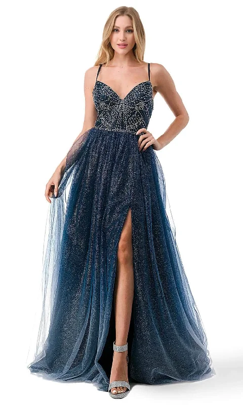 Aspeed Design L2788F - Glitter Tulle Prom Dress with Slit