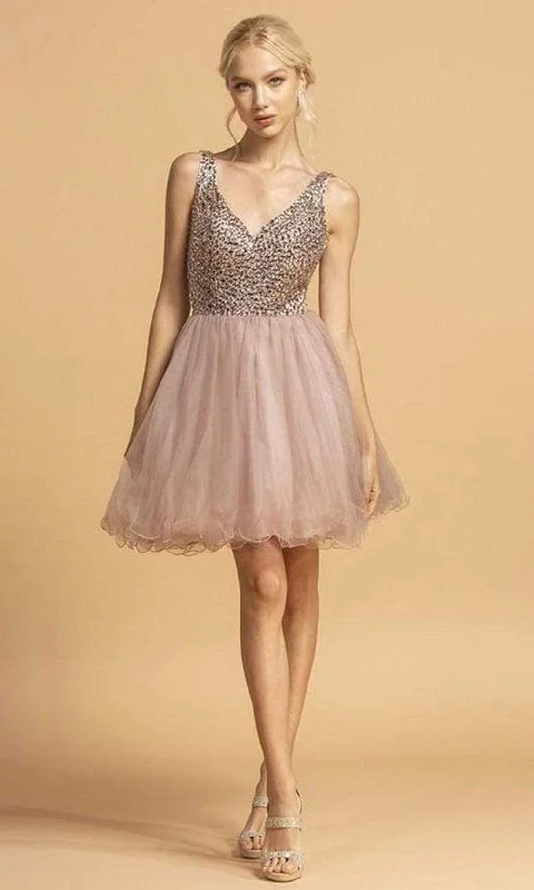 Aspeed Design - S2114 Beaded Bodice Fit and Flare Tulle Dress - 1 pc Blush In Size S Available