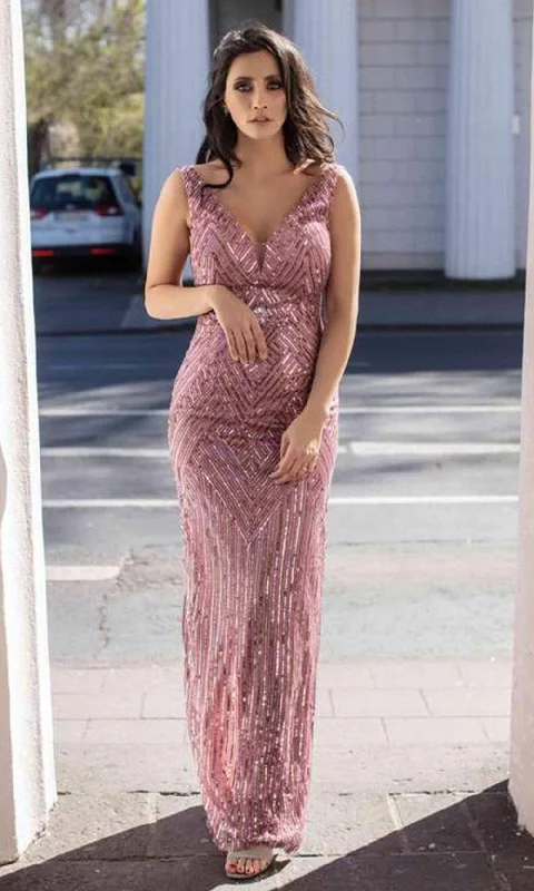 Chic and Holland - AN1630 V Neck Sequined Back Slit Dress