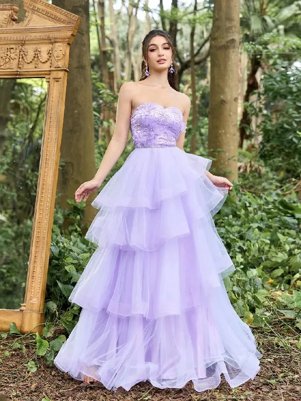 Gorgeous Applique Detail Beaded Bodice Contrast Layered Tulle Hem Prom Tube Dress