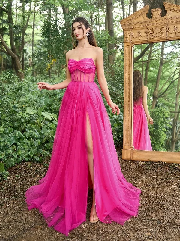 Gorgeous Sheer Bodice Split Thigh Tulle Prom Tube Dress