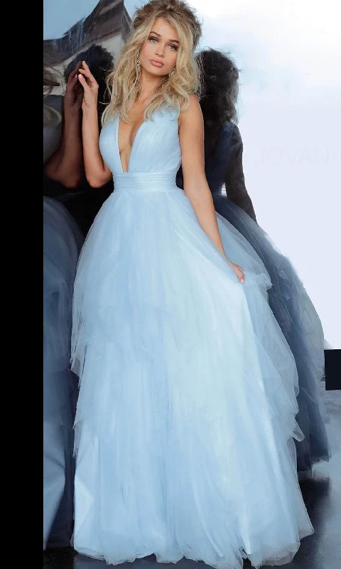 Jovani 3928 - Plunging Tiered Tulle Prom Dress