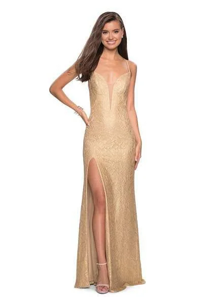 La Femme - 27725 Lace Embellished Deep V-neck Trumpet Dress