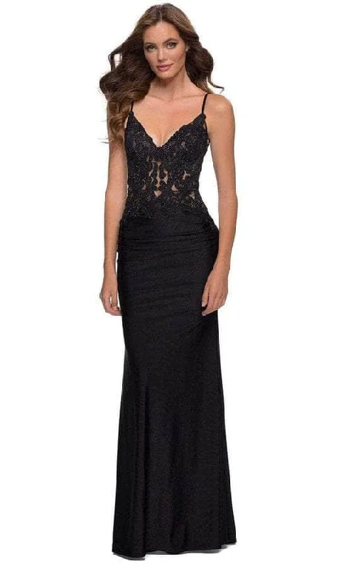 La Femme - 29774 Sheer Lace Plunging V Neckline Long Dress - 1 pc Black In Size 2 Available