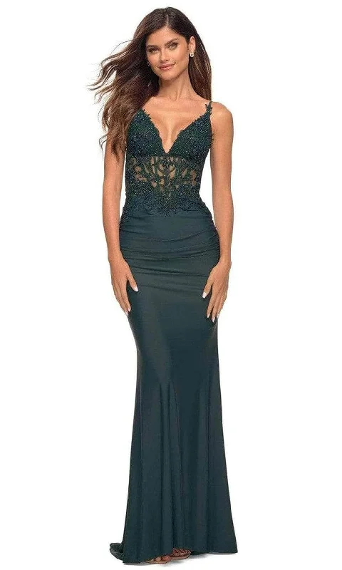 La Femme - 31128 V Neck Sheer Lace Long Dress