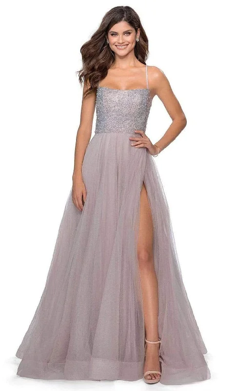 La Femme - Long Beaded Bodice High Slit Tulle Dress 28530SC - 1 pc Silver in Size 0 Available