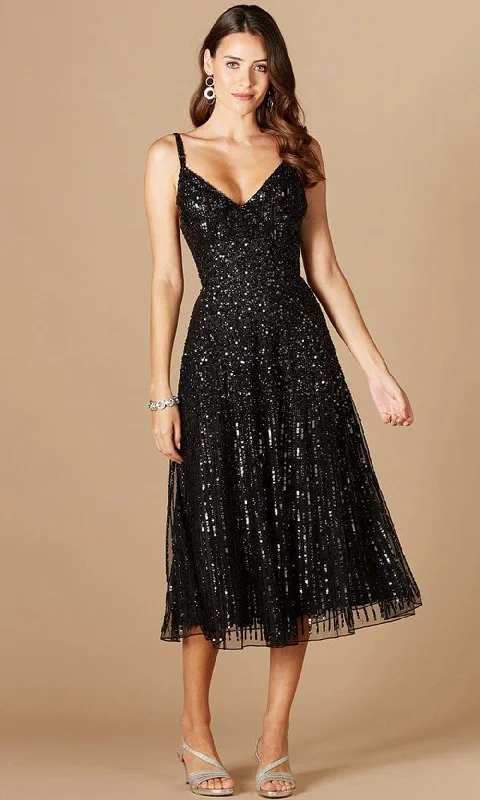 Lara Dresses 29347 - Glittery Sequined Sleeveless Tea Length Dress