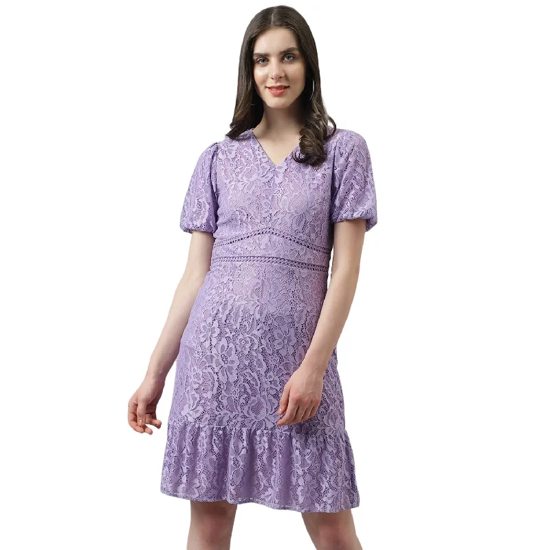 Latin Quarters Women's Lilac Self Design Lace Dress with Puffer Sleeves