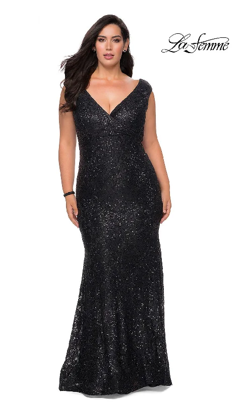 La Femme Long Plus-Size Sequin-Lace Prom Dress