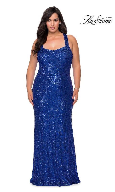 X-Back Long Sequin Plus-Size La Femme Prom Dress