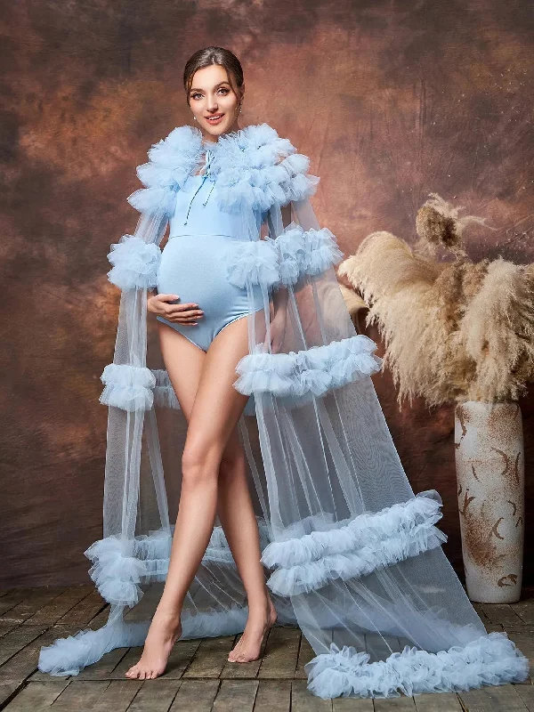 Maternity Cami Romper & Tiered Ruffle Tulle Robe Two Piece Photography Set