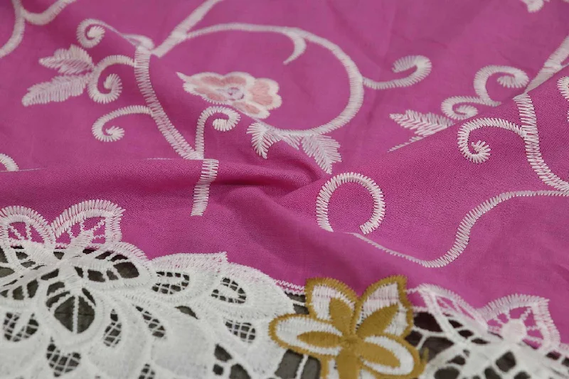 Pink & White Traditional Embroidered Cotton Lace Fabric