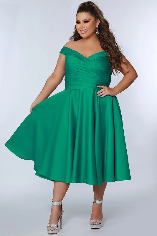 Sydneys Closet CE2301 Plus Size Off Shoulder Tea Length Dress