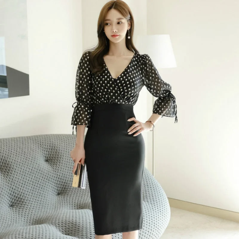 2022 Korea Autumn Ladies Dot Print High Waisted Bodycon Sexy Black Vestidos Women's V-Neck Office Flare Sleeve Dresses