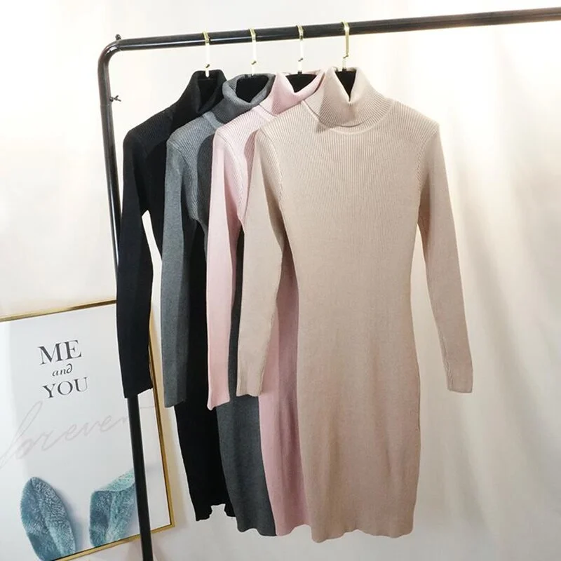 Autumn Winter Turtleneck Sweater Dresses Women Knitted Dress Vintage High Elastic Long sleeve Bottoming Bodycon Dress