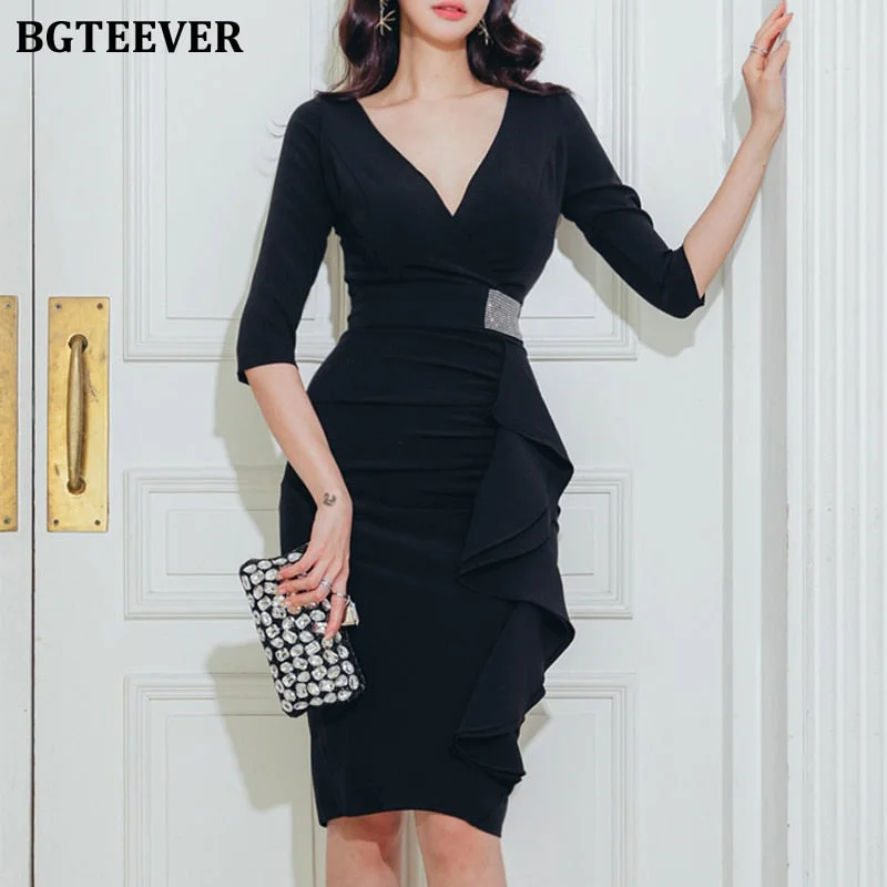 BGTEEVER Chic V-neck Black Women Pencil Dress Slim Waist Ruffles Elegant Female Bodycon Sheath Dress Office Ladies Vestidos 2022