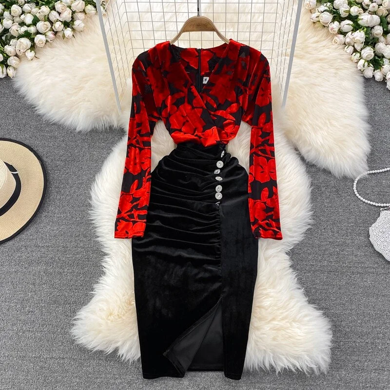 Black/Red Printed Patchwork Velvet Dress Women Spring Autumn Vintage V-Neck Long Sleeve High Waist Buttons Bodycon Vestidos New