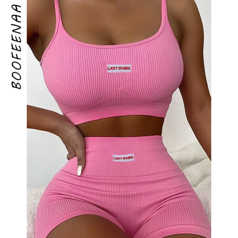 BOOFEENAA Pink Biker Shorts Crop Top Two Piece Set Sexy Bodycon Tracksuit Women Loungewear 2 Piece Summer Matching Set C66-CE18