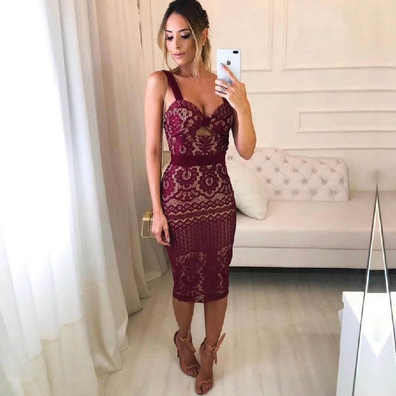 Burgundy Lace Sheath Tight Knee Length Homecoming Dresses AN1201