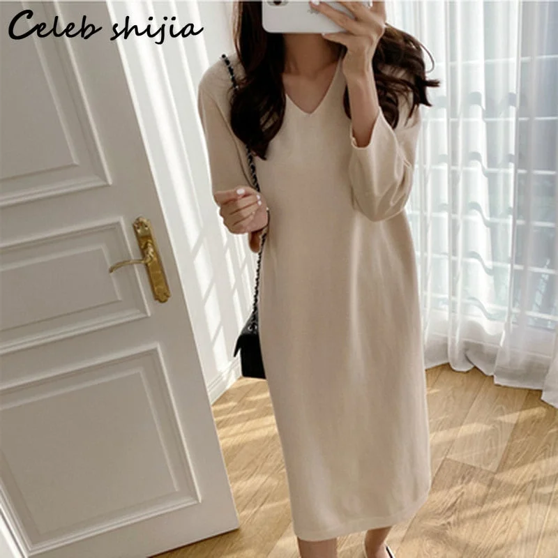 Chic V-neck Cashmere Sweater Dress for Women Autumn Winter Elegant Loose Long Wool Dress Bodycon Apricot Knitted Clothing