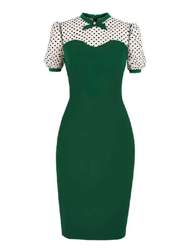 Dotted Mesh Lantern Sleeve Women Vintage Bodycon Dresses Summer Elegant Outfits Green Solid Office Knee-Length Dress