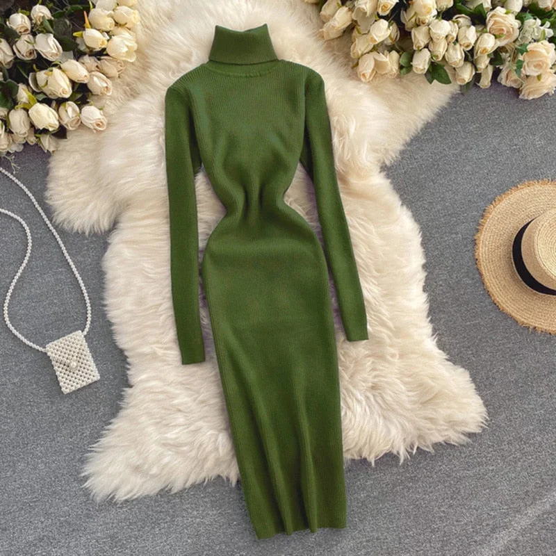 Dresses for Women 2023 Sexy Turtleneck Knitted Bodycon Dress Women Autumn Winter Long Sleeve Sweater Dress