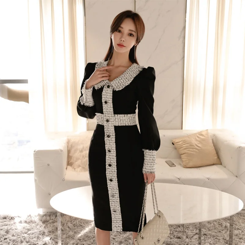 Elegant Bodycon Dress Women Autumn Winter Vintage Office Ladies Vestidos