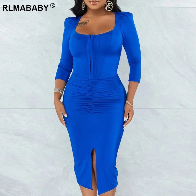 Elegant Office Lady Square Collar Three Quarter Sleeve Mid-Calf Bodycon Dress Women Folds Split Sexy Corset Zipper Dress