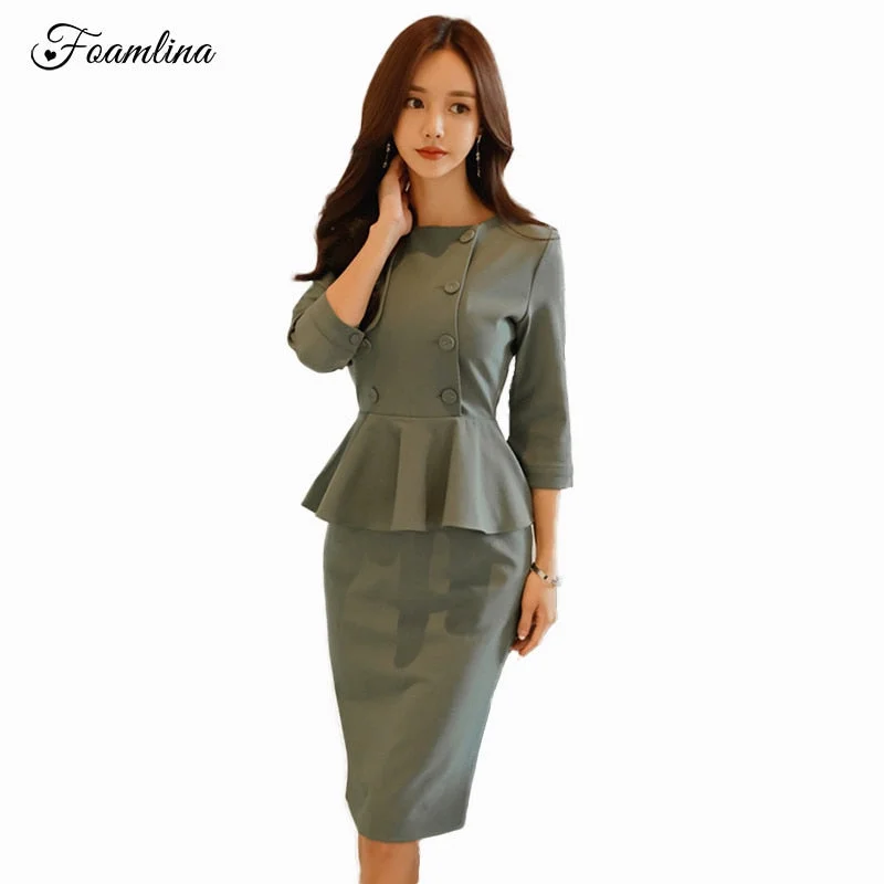 Foamlina Career Female Peplum Work Dress Women Elegant Autumn 3/4 Sleeve Dress Office Ladies Business Bodycon Pencil Dresses