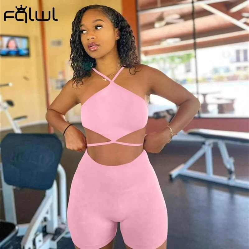 FQLWL Bodycon Summer Streetwear 2 Two Piece Sets Women Outfits Backless Halter Crop Top Biker Shorts Sets Pink Casual Tracksuit