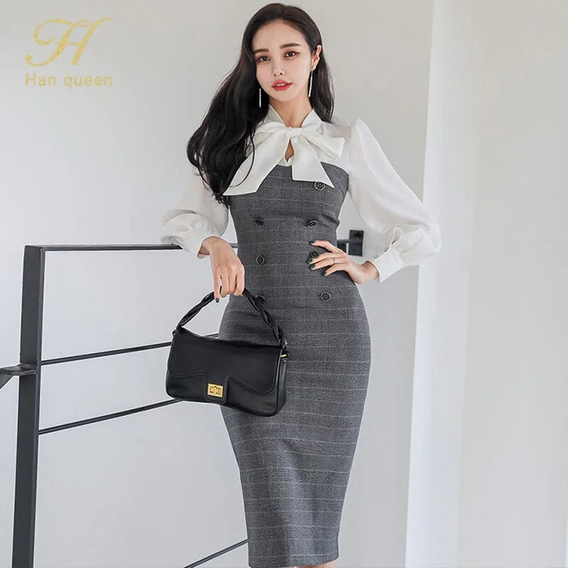 H Han Queen Elegant Buttons Pencil Dress Women  Slim Plaid Business Sheath Bodycon Dresses Bow Office Vestidos