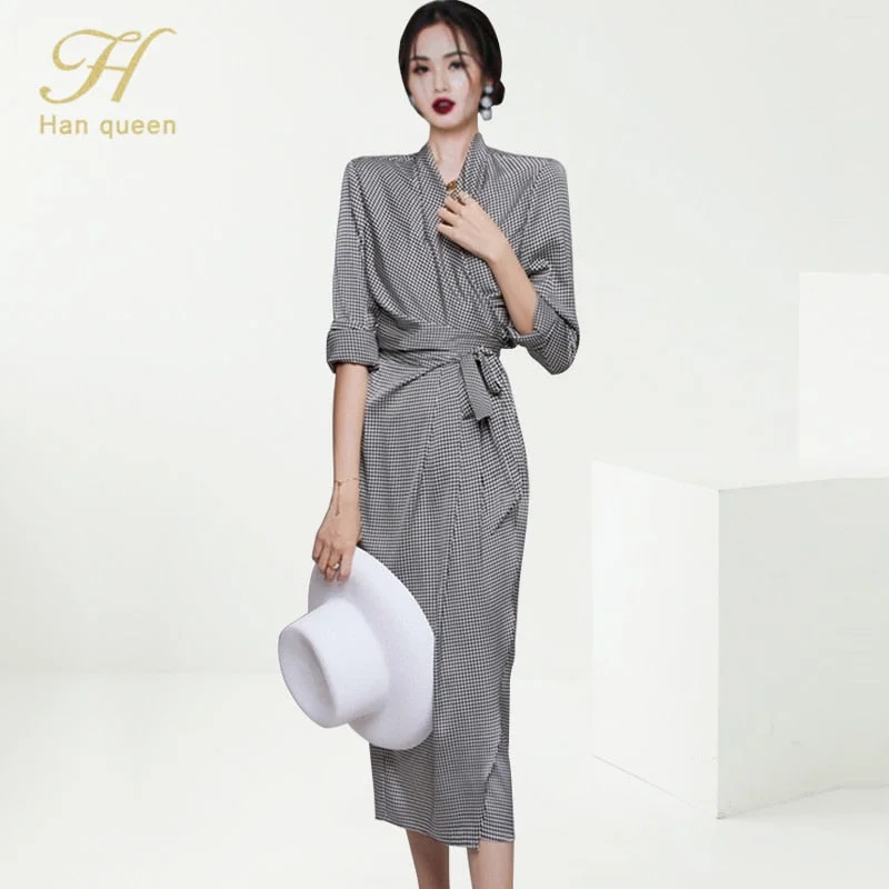 H Han Queen Elegant Houndstooth Dress Women 2022 Autumn  Simple Slim Sheath Bodycon Dresses Korean Mid Office Wear Vestido