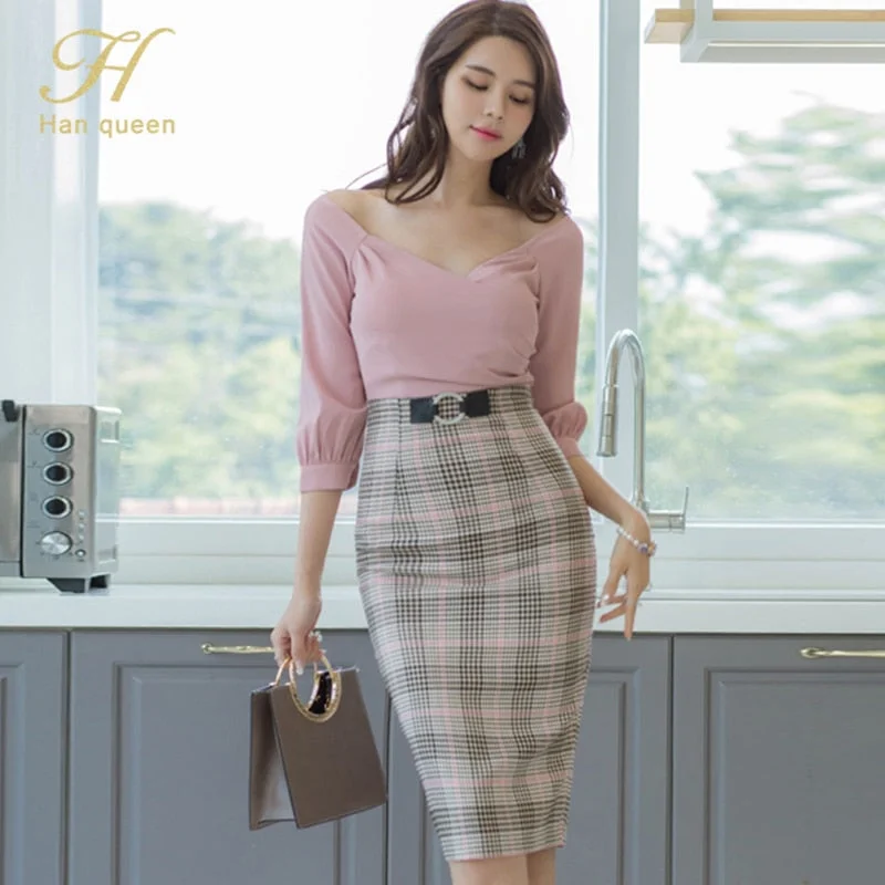 H Han Queen Elegant Office Wear Pencil Dress Women Autumn Patchwork Plaid Dresses OL Occupation  Work Sheath Bodycon Vestidos