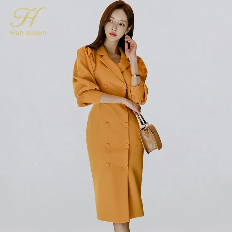 H Han Queen Notched Neck Double-breasted Suits Dress Women 2022 Autumn Sheath Pencil Dresses OL Casual Vintage Bodycon Vestidos