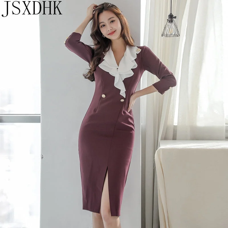 JSXDHK Korean Patchwork Women Dress knee-length Autumn Split Sheath Pencil Dresses Elegant Occupation Bodycon Vestidos