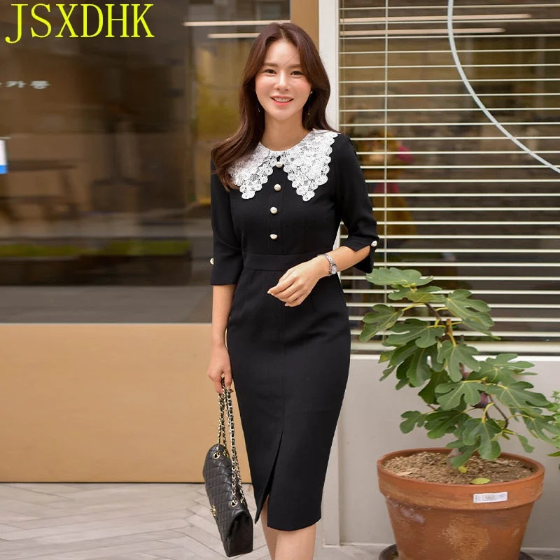 JSXDHK Simple Women Occupation Dress Autumn Patchwork Sheath Pencil Dresses Elegant Slim High Waist Bodycon Vestidos New