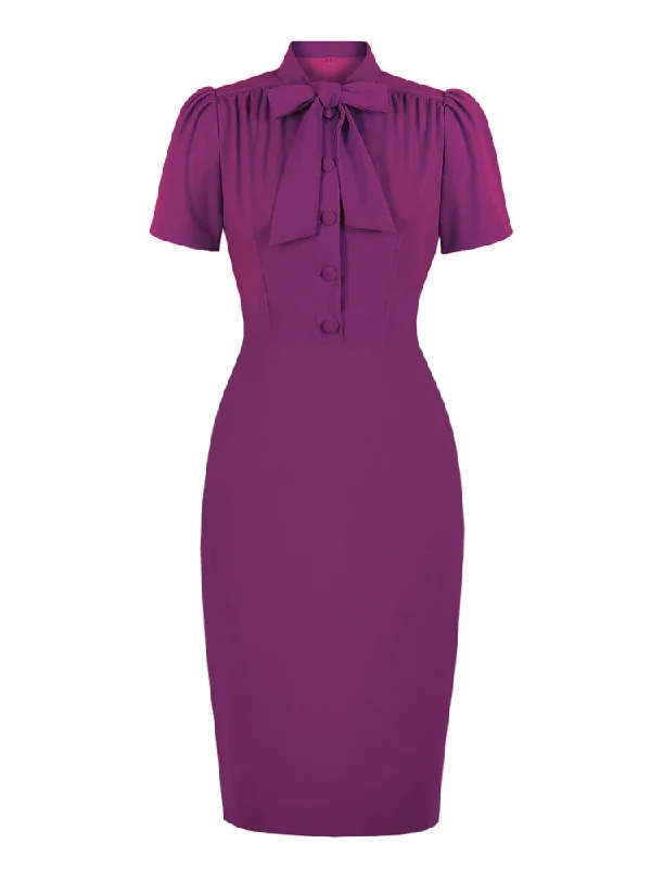 Knot Tie Neck Button Up Purple Vintage 50s Wiggle Dress Women Elegant Short Sleeve Bodycon Solid Summer Dresses