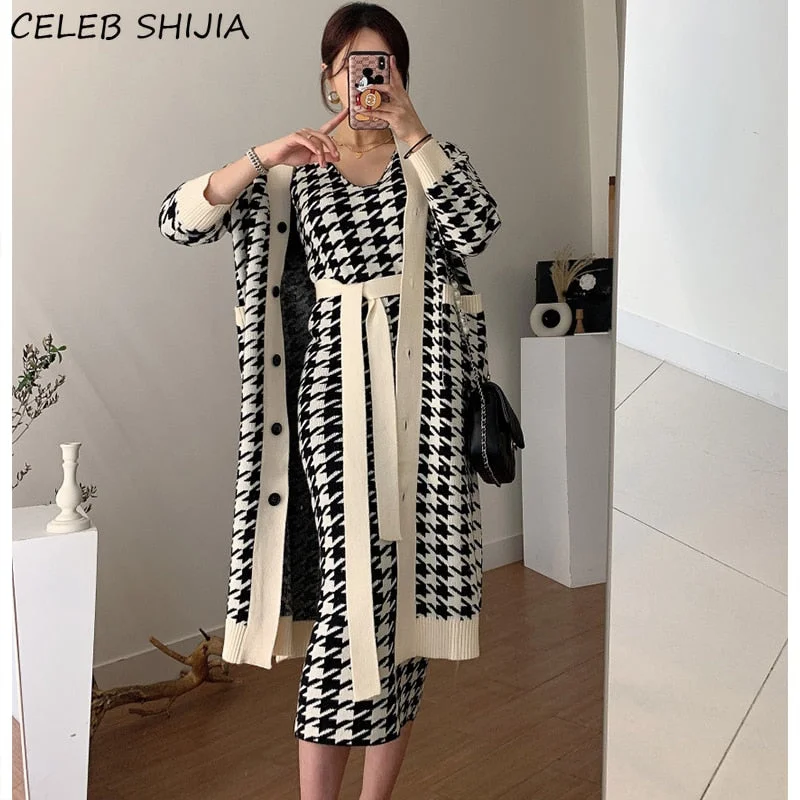 Korean Autumn Knitted Dress Woman Single-breasted V-neck Elegant Knit Dress Bodycon Woman Apricot Plaid  Sweater Dresses