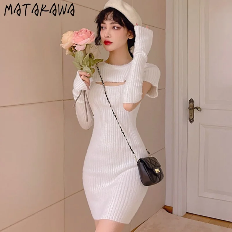 Matakawa Knitted Pullover Dresses for Women Autumn Winter Round Neck Hollow Out All-match Dress Solid Slim Bodycon Vestidos