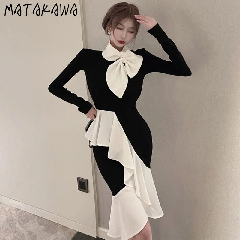 Matakawa Woman Dress Bownot Long Sleeve High Waist Slim Elegant Dresses for Women Contrast Color French Bodycon Vestidos