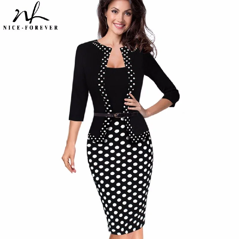 Nice-Forever One-Piece Faux Jacket Retro Contrast Polka Wear to Work Business Vestidos Office Bodycon Women Sheath Dress B407